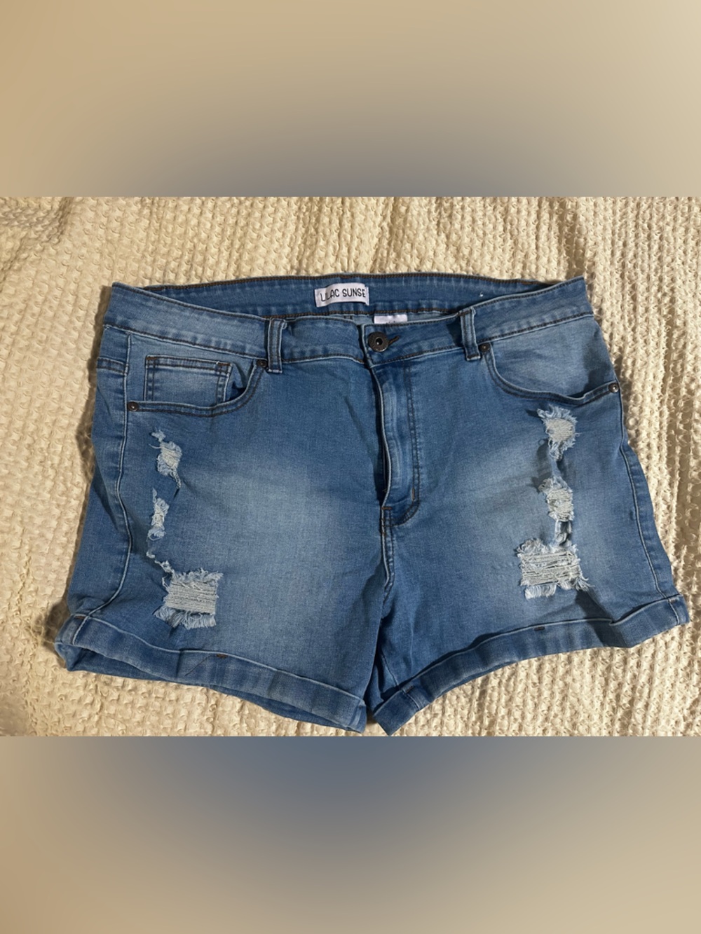 Lilac Sunset-Light Wash Distressed Stretch Denim Shorts Sz. XXL